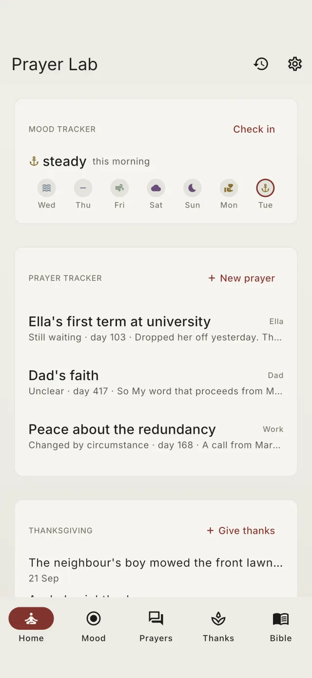 Prayer Lab home with the Bible card, mood strip and recent prayers