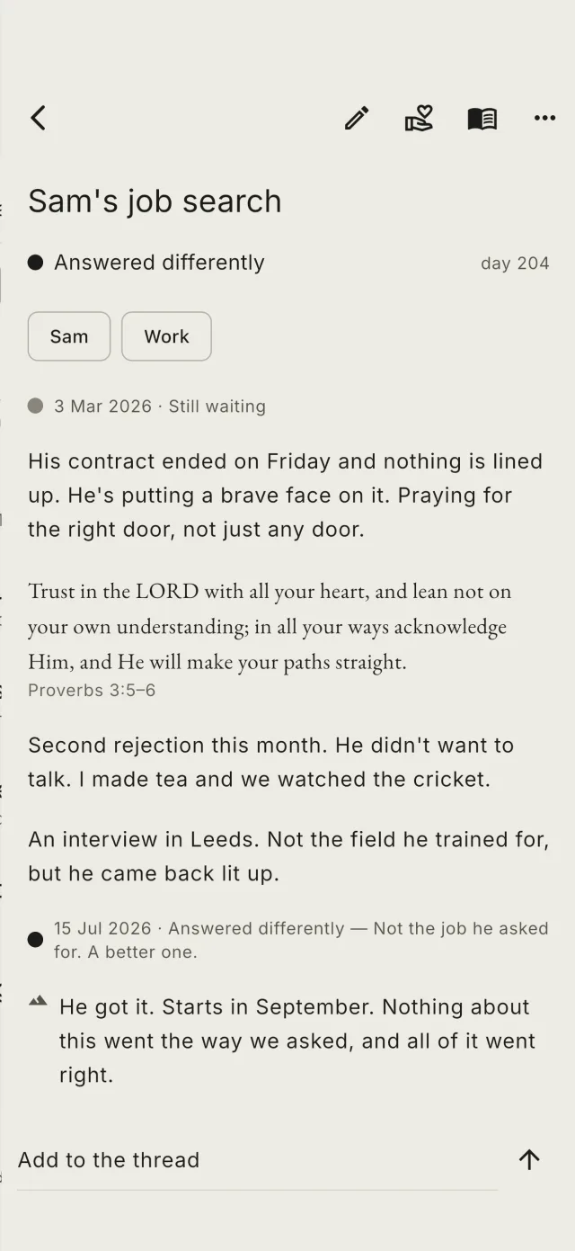 A prayer thread with dated entries, its outcome and a marked stone