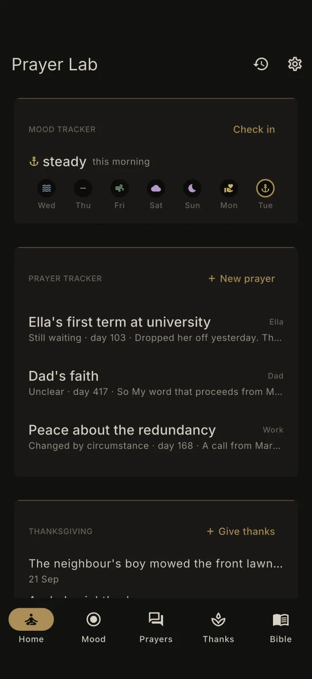 Prayer Lab in the Night Office dark theme