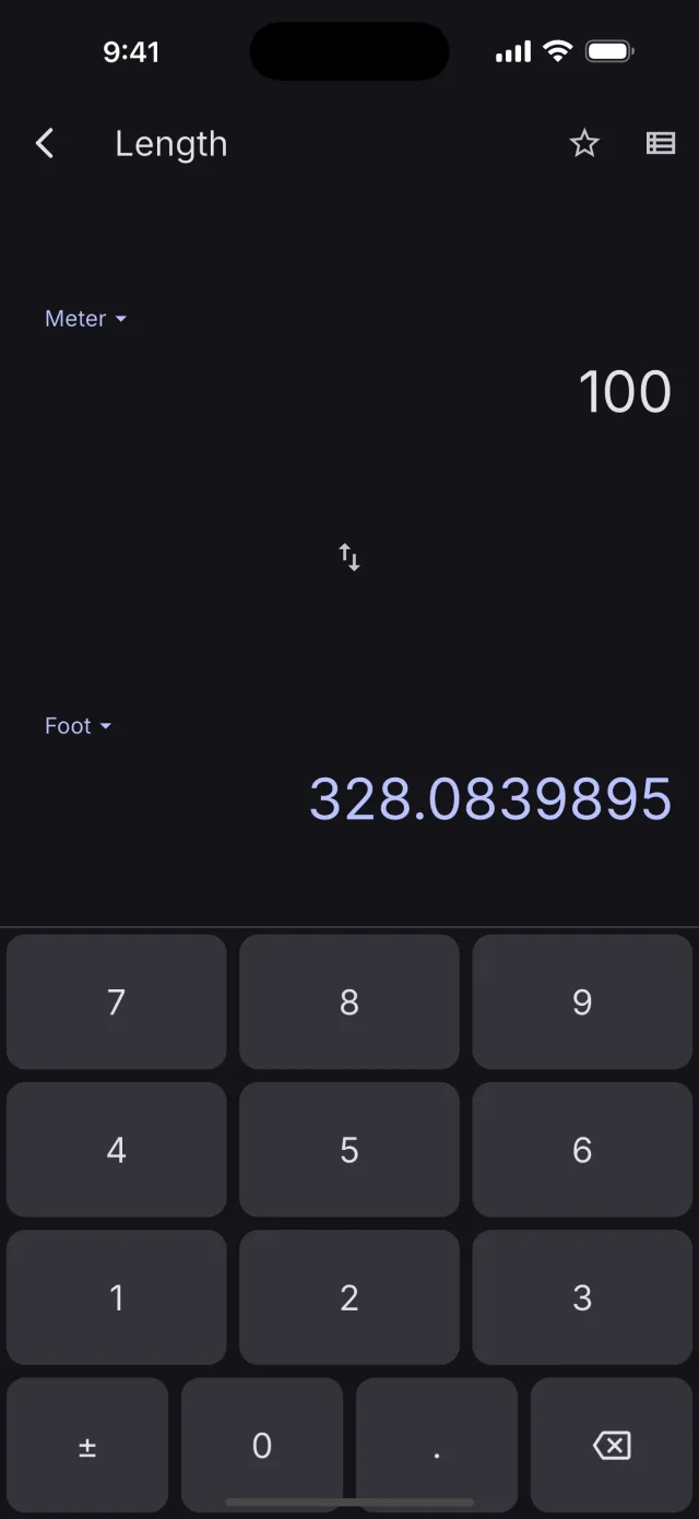 Length conversion showing live results as you type