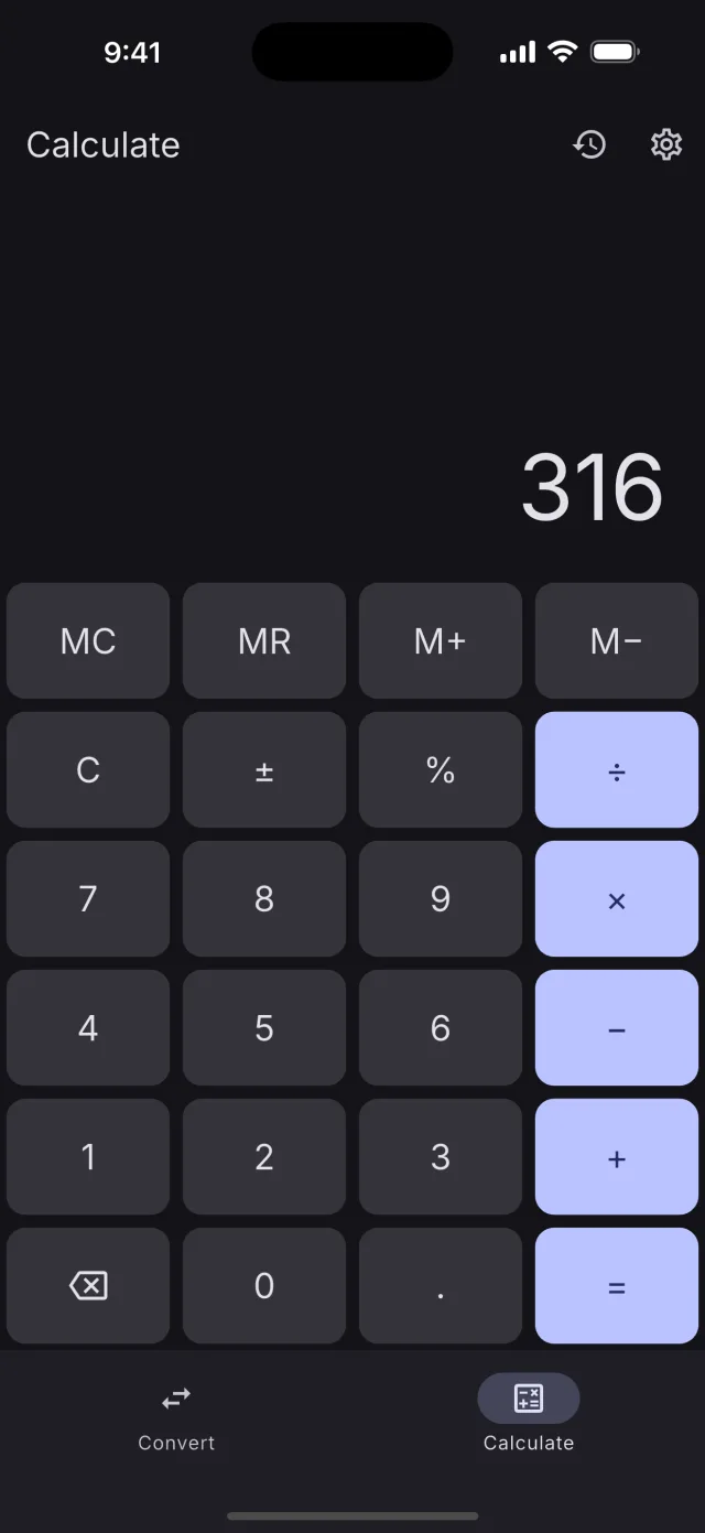 Built-in calculator with memory keys and reusable history